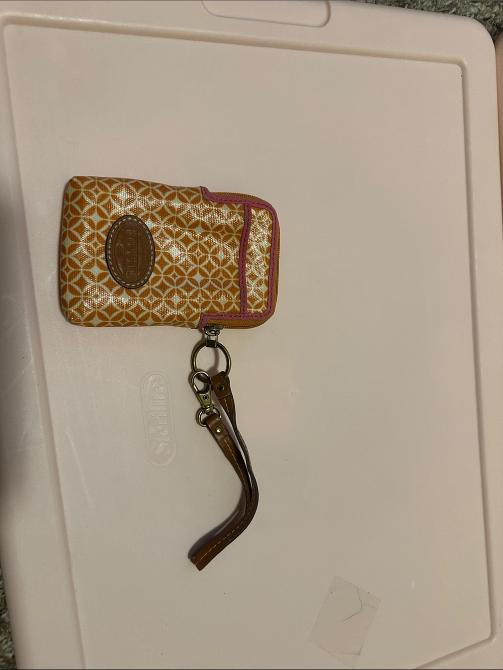 Fossil orange Patterned Wristlet Phone Case with Pink Trim